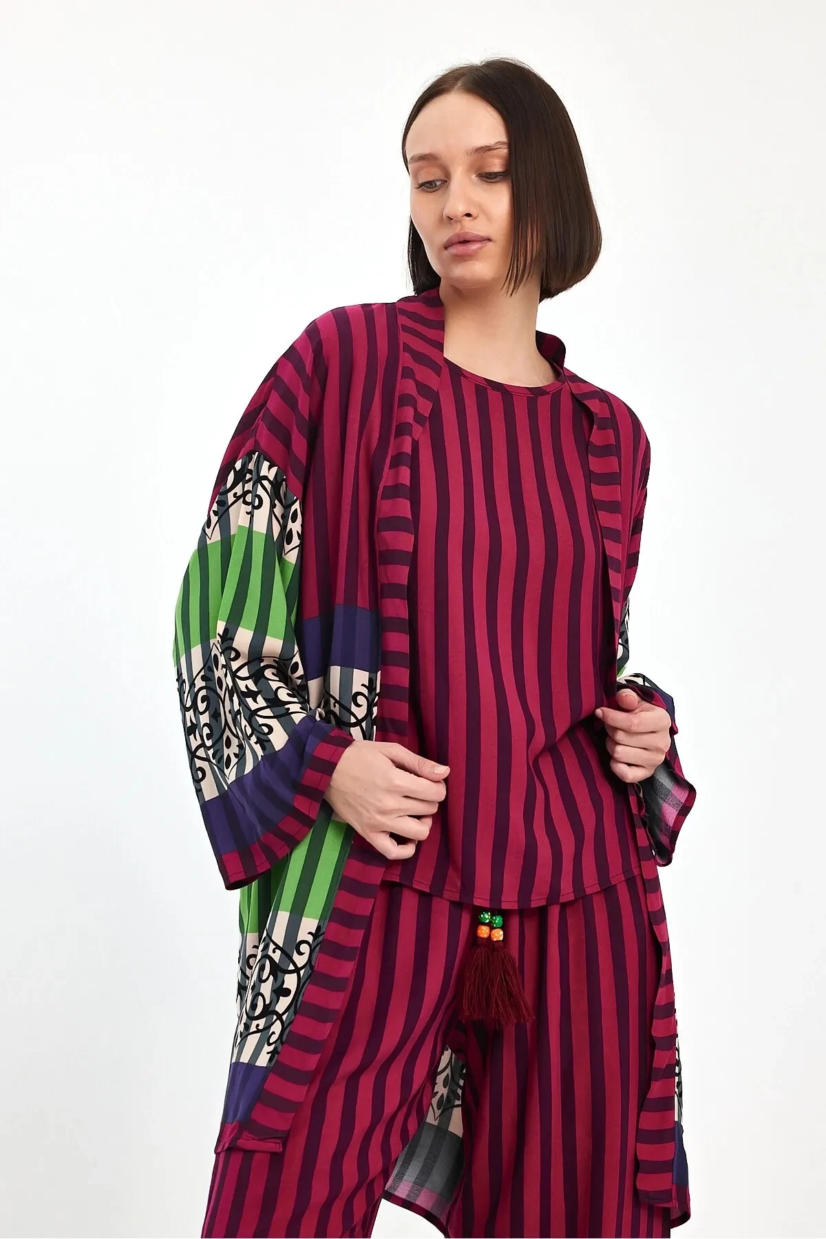 Kadın Mürdüm Çizgili Atlet Kimono Ve Pantolon Dokuma Viscon Alt Üst Takım HZL25S-VM110421