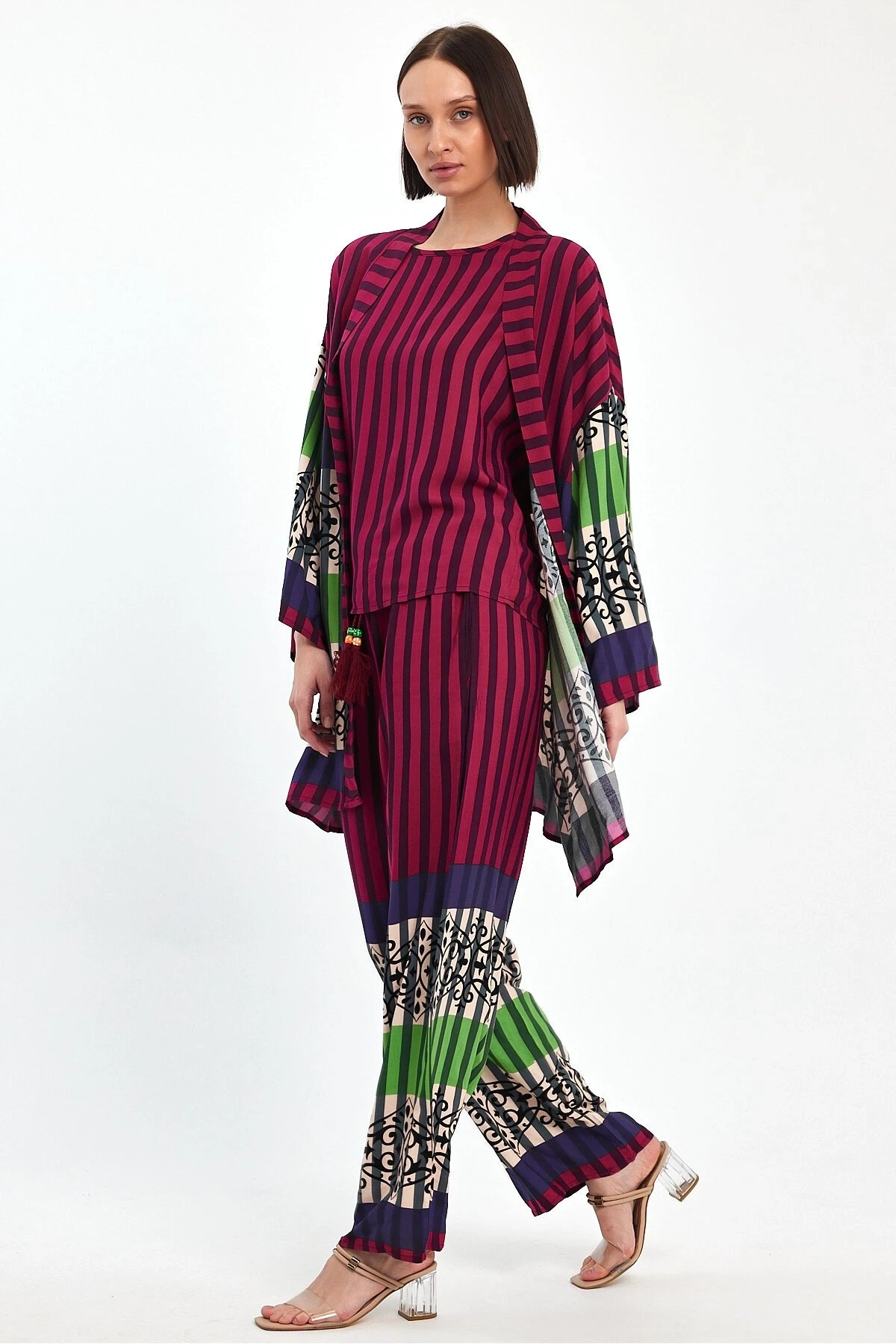 Kadın Mürdüm Çizgili Atlet Kimono Ve Pantolon Dokuma Viscon Alt Üst Takım HZL25S-VM110421