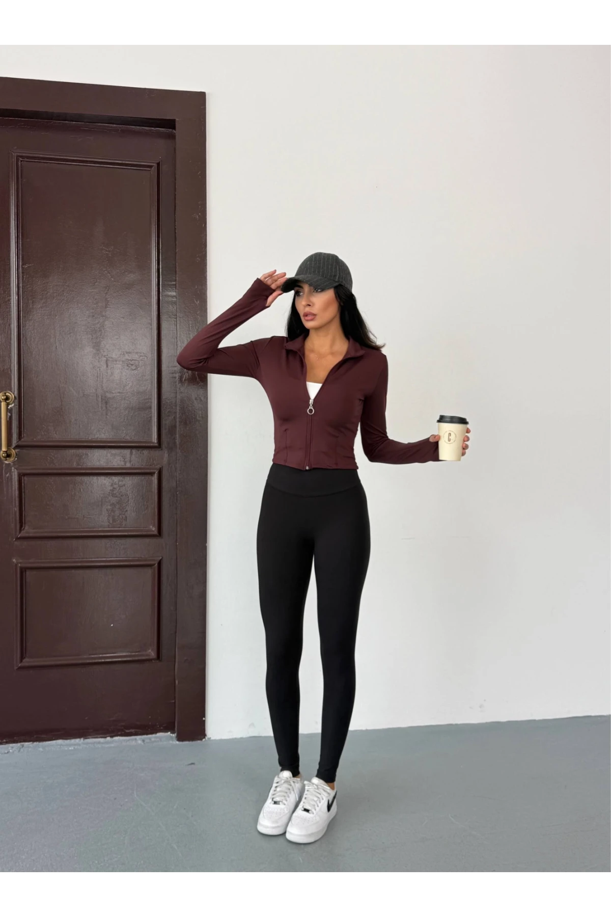 Kadın Mürdüm Dalgıç Kumaş Fermuar Kapamalı Parmak Geçirmeli Sweatshirt HZL25W-FRY123441