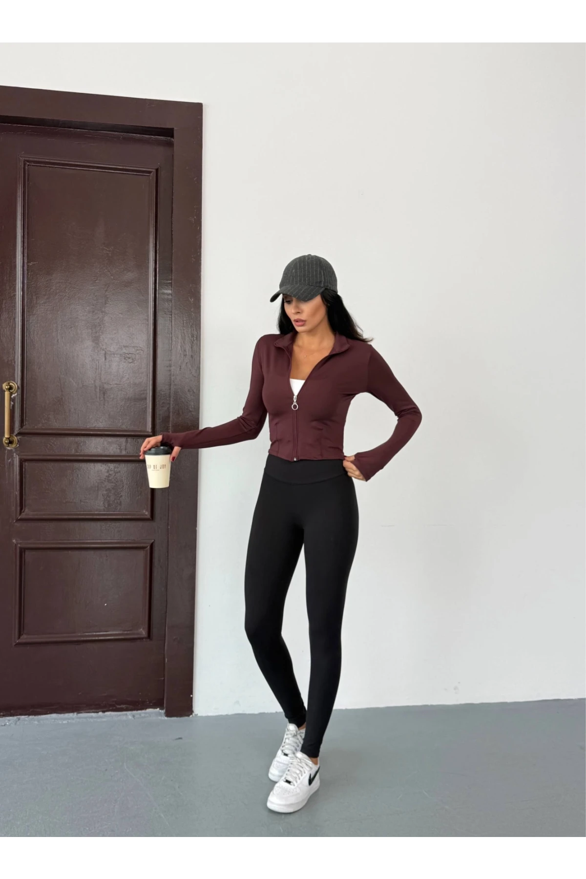 Kadın Mürdüm Dalgıç Kumaş Fermuar Kapamalı Parmak Geçirmeli Sweatshirt HZL25W-FRY123441