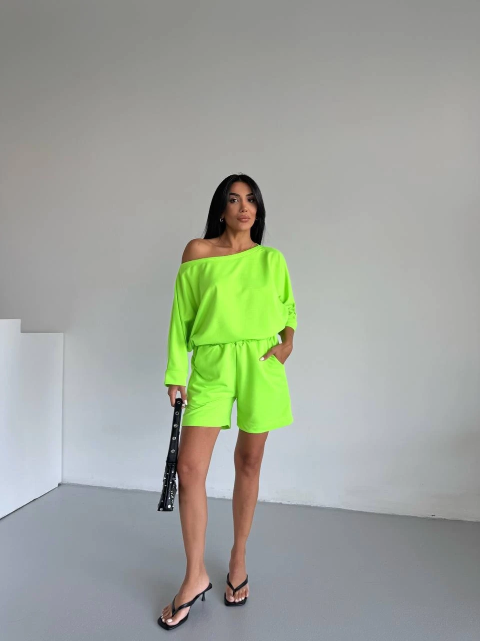 Kadın Neon Yeşil 2 İplik Kayık Yaka Bluz Şort Alt Üst Takım HZL25S-FRY120511