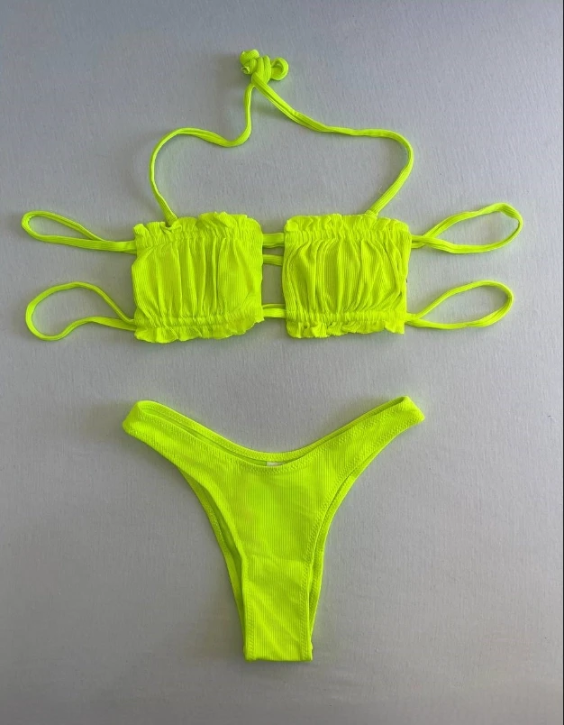 Kadın Neon Yeşil İp Bağlamalı Büzgülü Straplez Bikini Takım HZL25S-LC2226