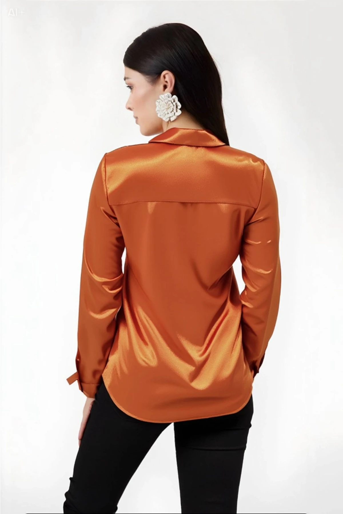 Kadın Oranj  Hafif Dökümlü Saten Yüzeyli Gömlek HZL22W-BD139641