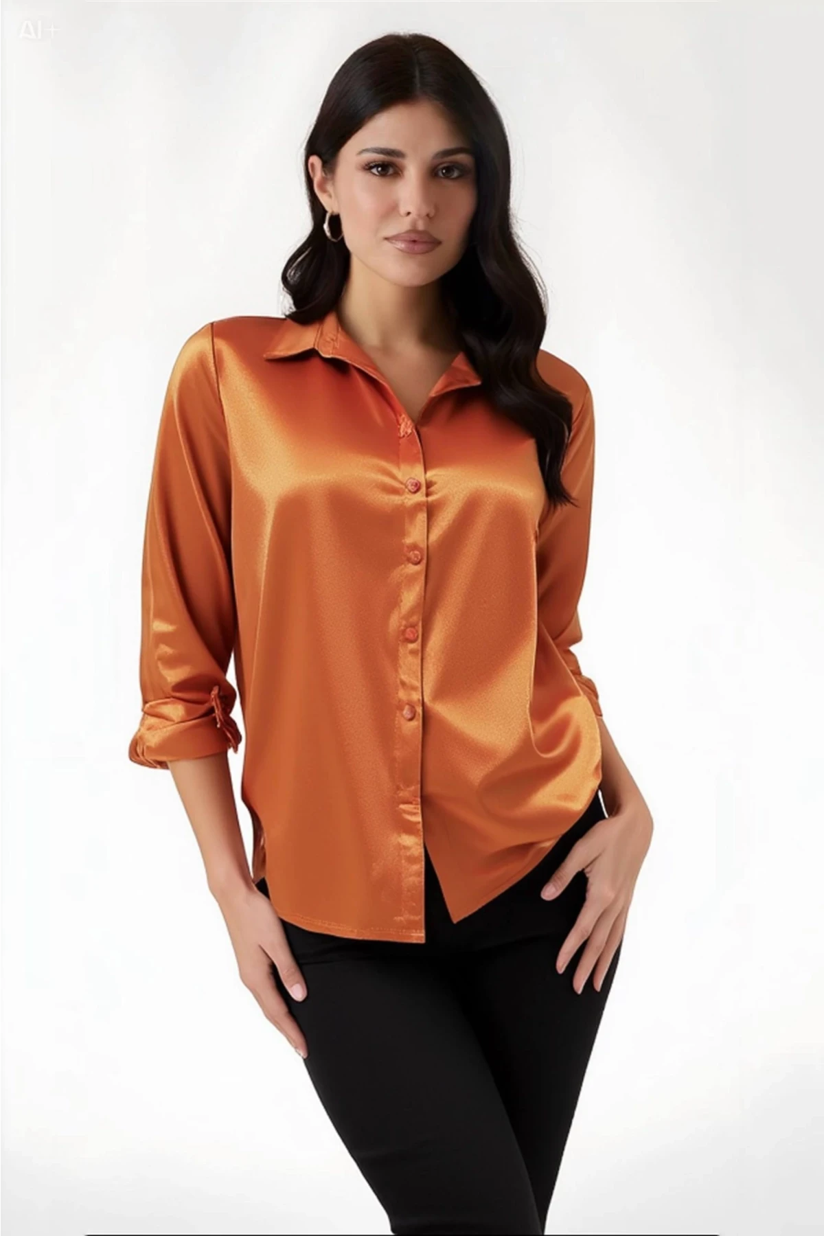 Kadın Oranj  Hafif Dökümlü Saten Yüzeyli Gömlek HZL22W-BD139641