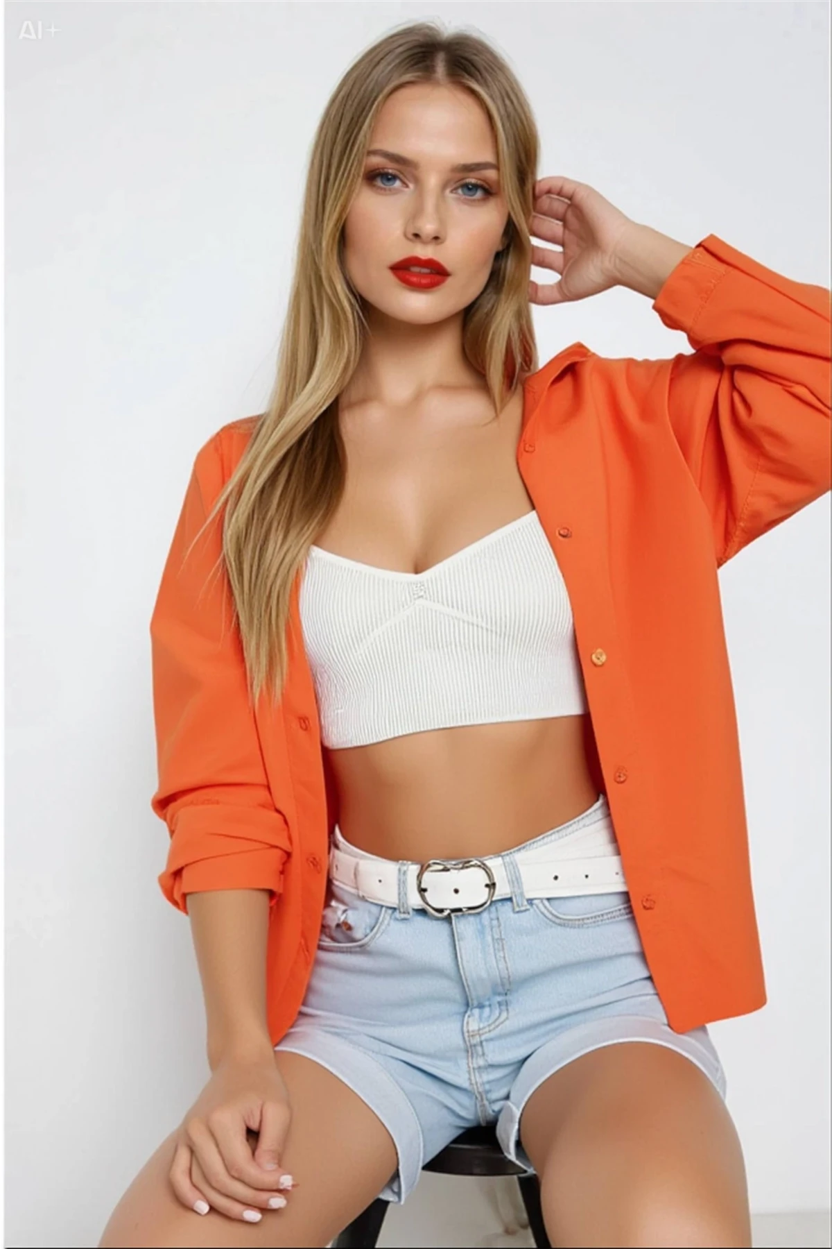 Kadın Oranj Oversize Uzun Basic Gömlek HZL22W-BD139001