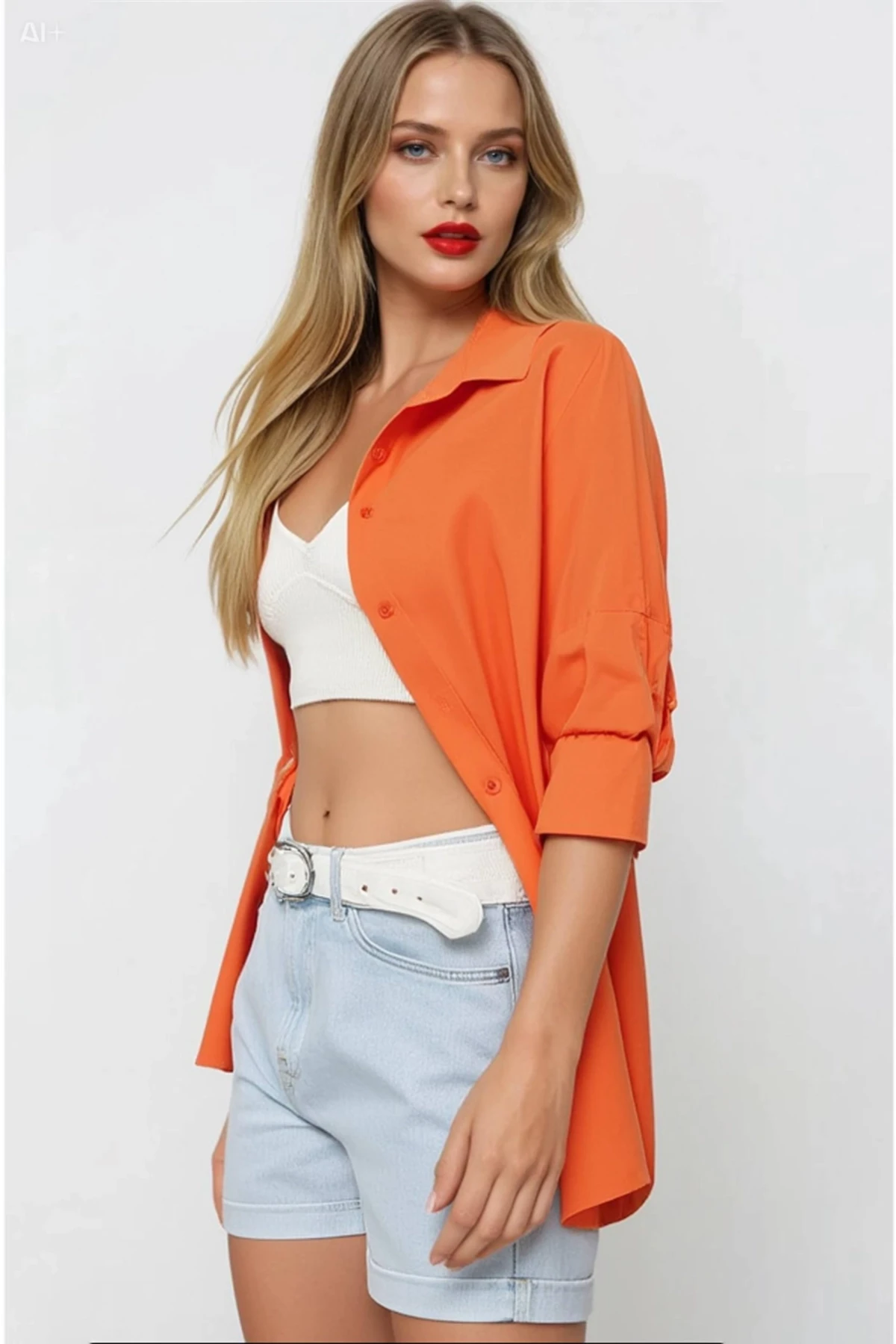 Kadın Oranj Oversize Uzun Basic Gömlek HZL22W-BD139001