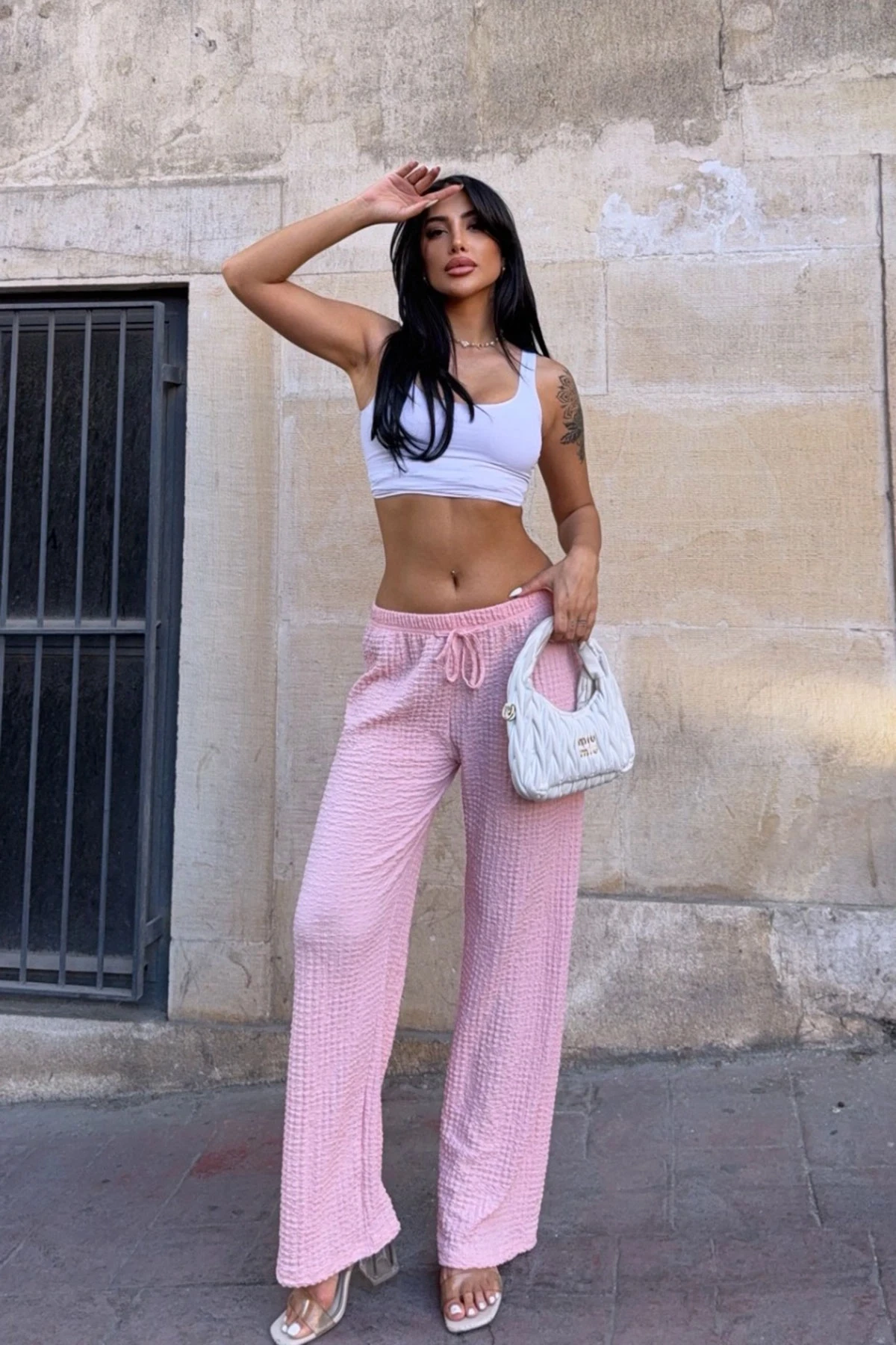 Kadın Pembe Beli Lastikli Rahat Kesim Bürümcük Pantolon HZL25S-DSB163631