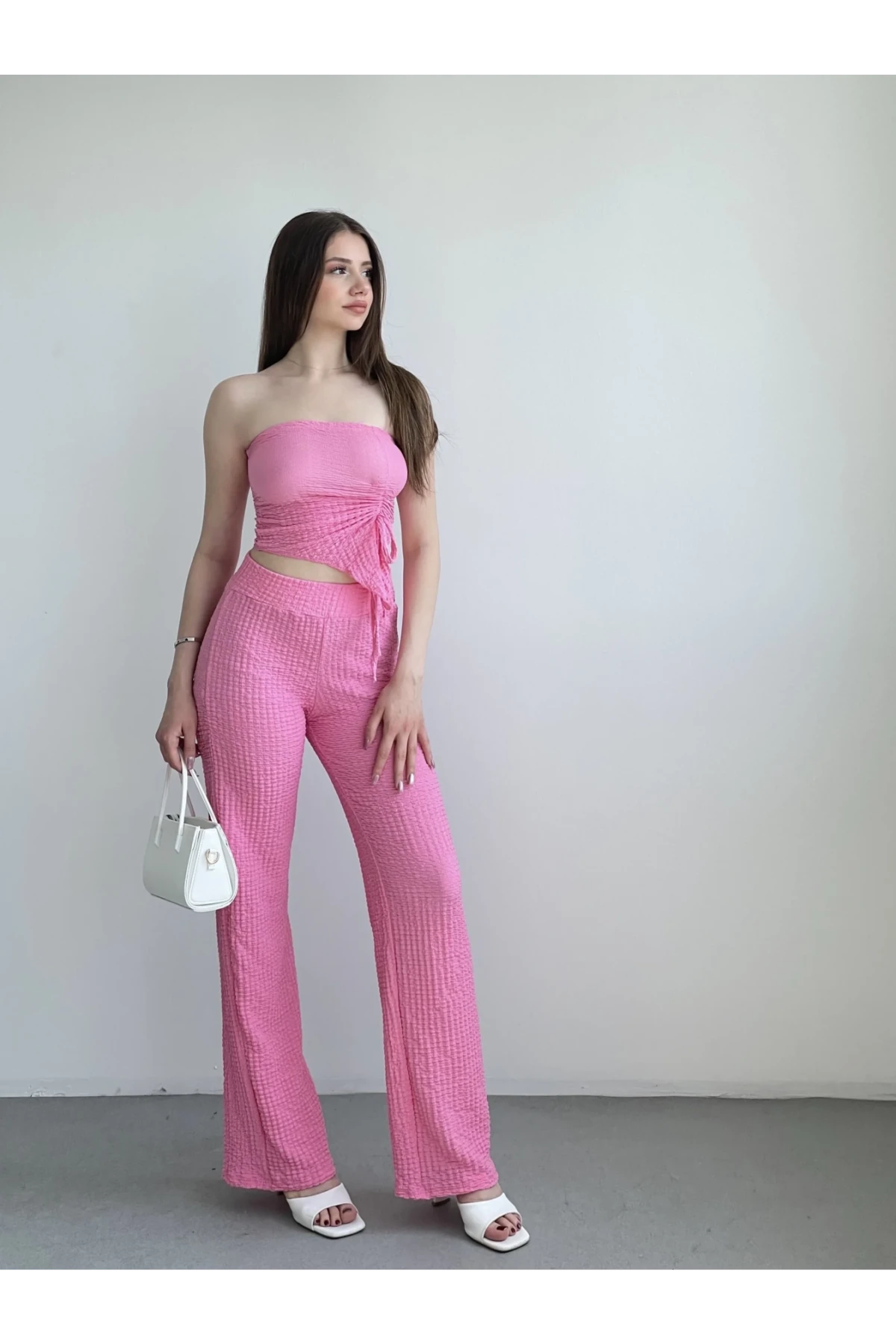 Kadın Pembe Beli Lastilkli Gofre Kumaş Pantolon HZL24S-ZK13261