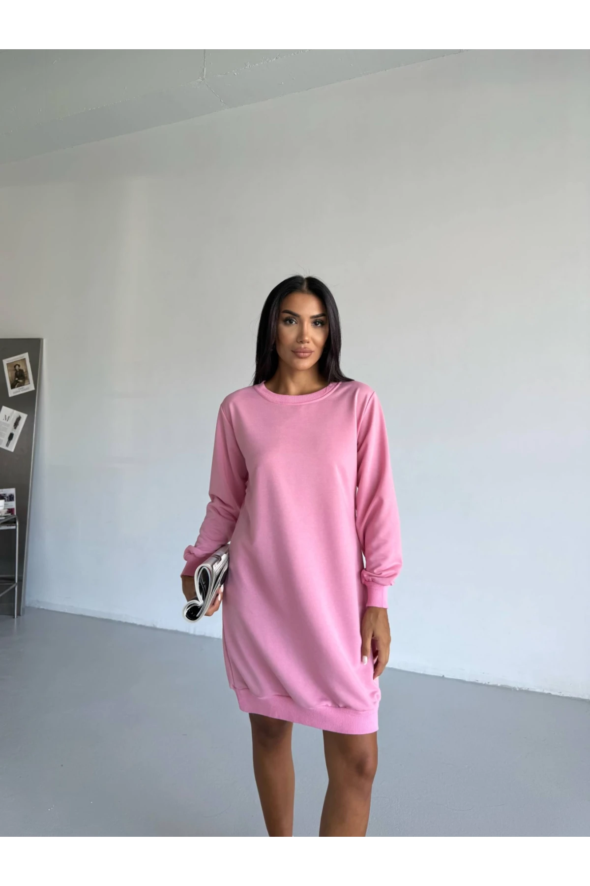 Kadın Pembe Bisiklet Yaka 2 iplik Günlük Rahat Elbise HZL25W-FRY123451