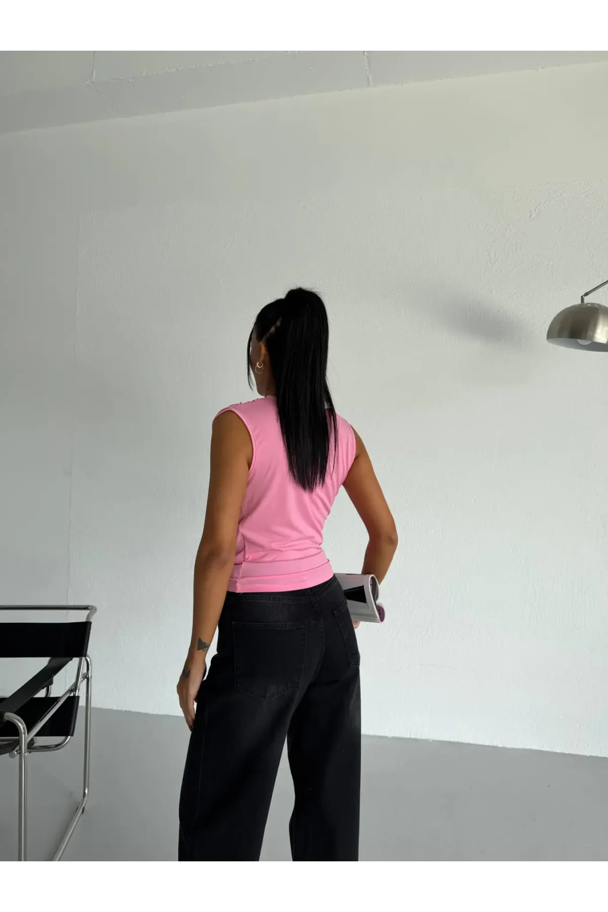 Kadın Pembe Büzgülü Kolsuz Sandy Bluz HZL26W-FRY122751