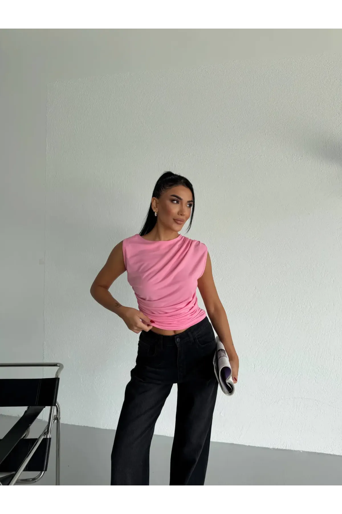 Kadın Pembe Büzgülü Kolsuz Sandy Bluz HZL26W-FRY122751