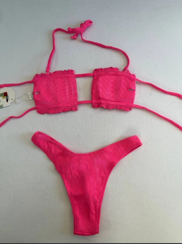 Kadın Pembe İp Bağlamalı Büzgülü Straplez Bikini Takım HZL25S-LC2226
