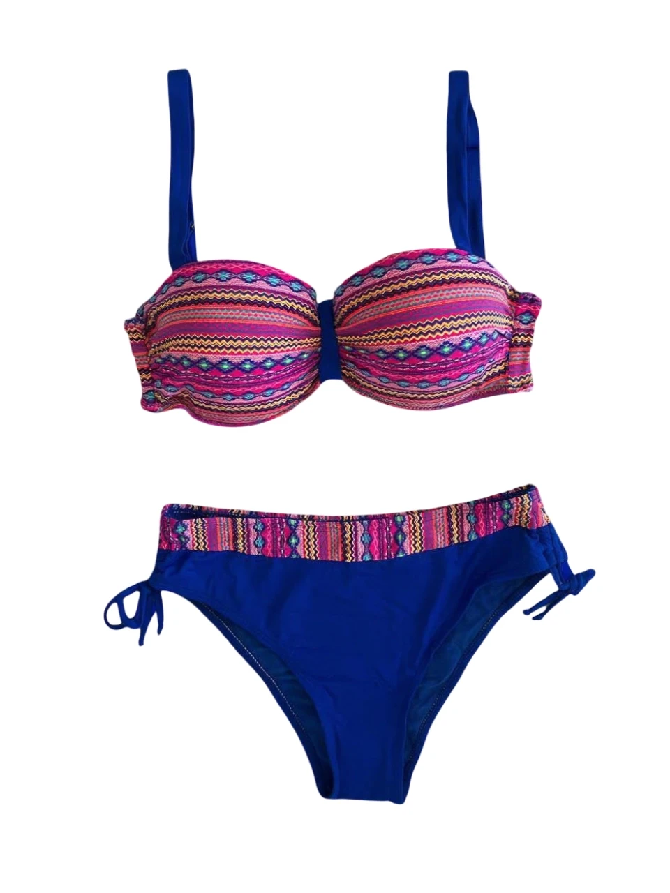 Kadın Pembe Saks Mavi Etnik Desenli Astarlı Bikini Takımı HZL25S-LC22626