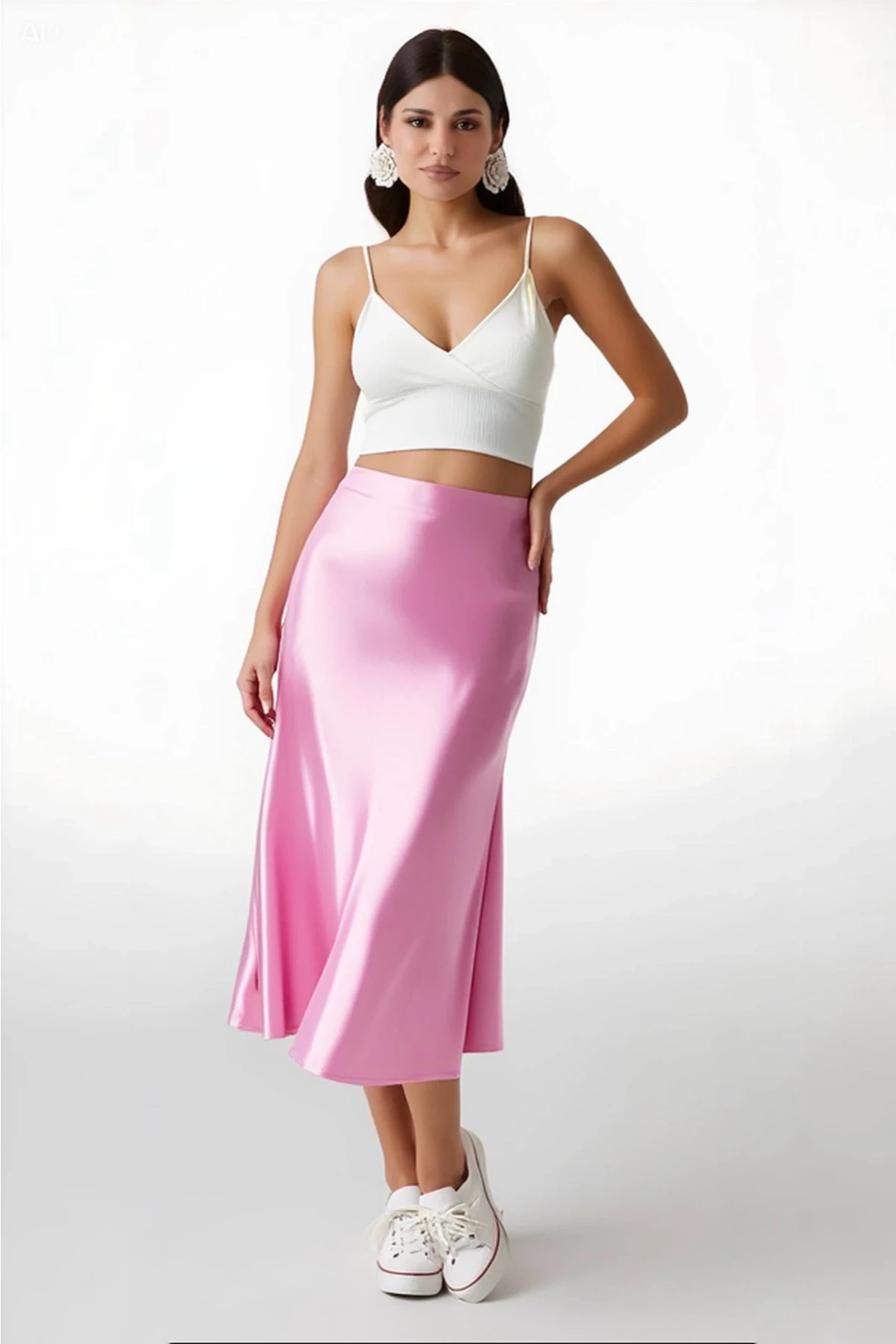 Kadın Pembe Saten Yüzeyli Beli Lastikli Midi Boy Etek Hzl23S-BD1101471