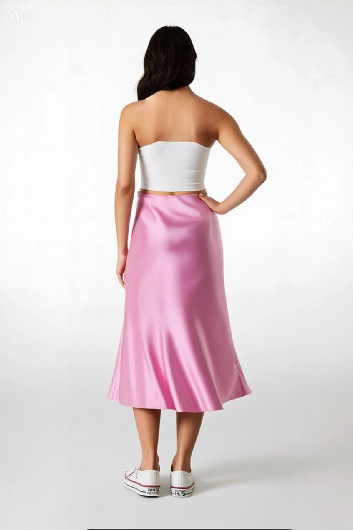 Kadın Pembe Saten Yüzeyli Beli Lastikli Midi Boy Etek Hzl23S-BD1101471