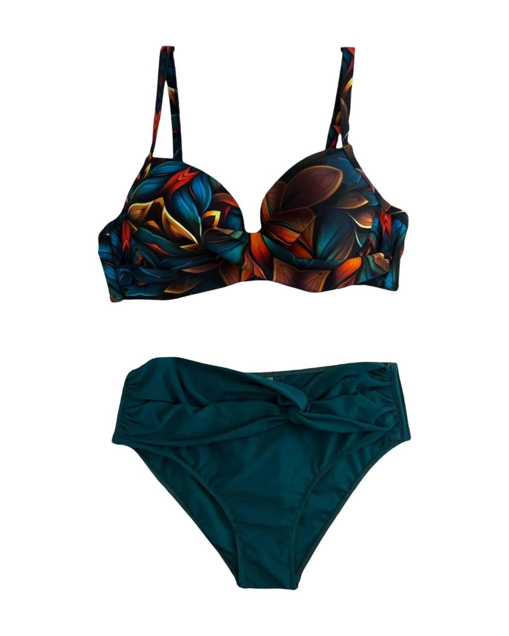 Kadın Petrol Yeşili Çiçek Desenli Astarlı Büyük Beden Bikini Takımı HZL25S-LC24108