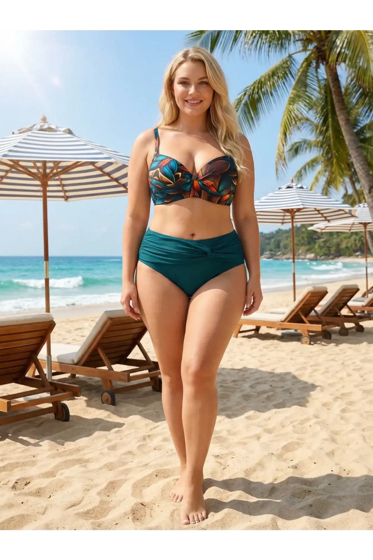 Kadın Petrol Yeşili Çiçek Desenli Astarlı Büyük Beden Bikini Takımı HZL25S-LC24108