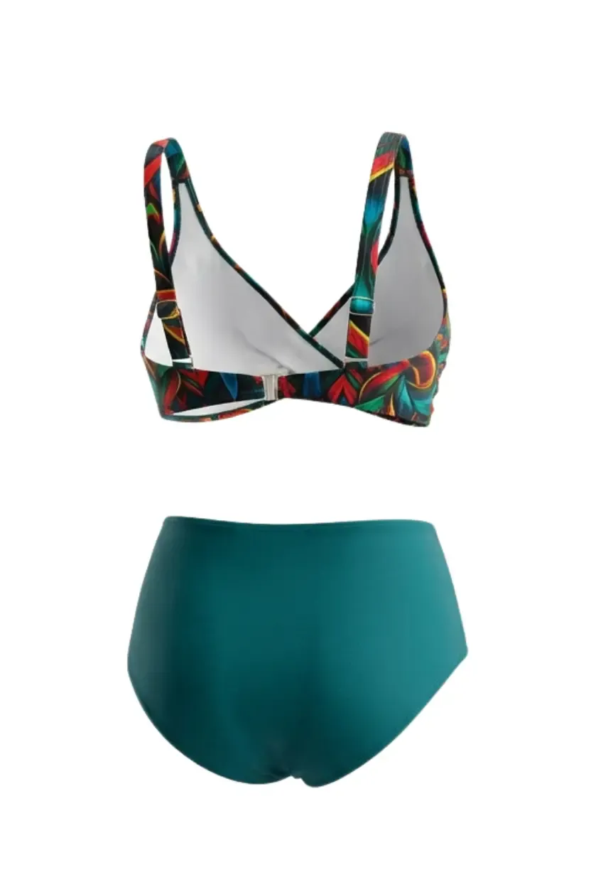 Kadın Petrol Yeşili Çiçek Desenli Astarlı Büyük Beden Bikini Takımı HZL26S-LC21202