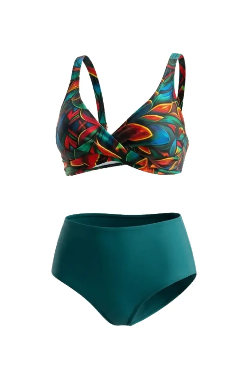 Kadın Petrol Yeşili Çiçek Desenli Astarlı Büyük Beden Bikini Takımı HZL26S-LC21202