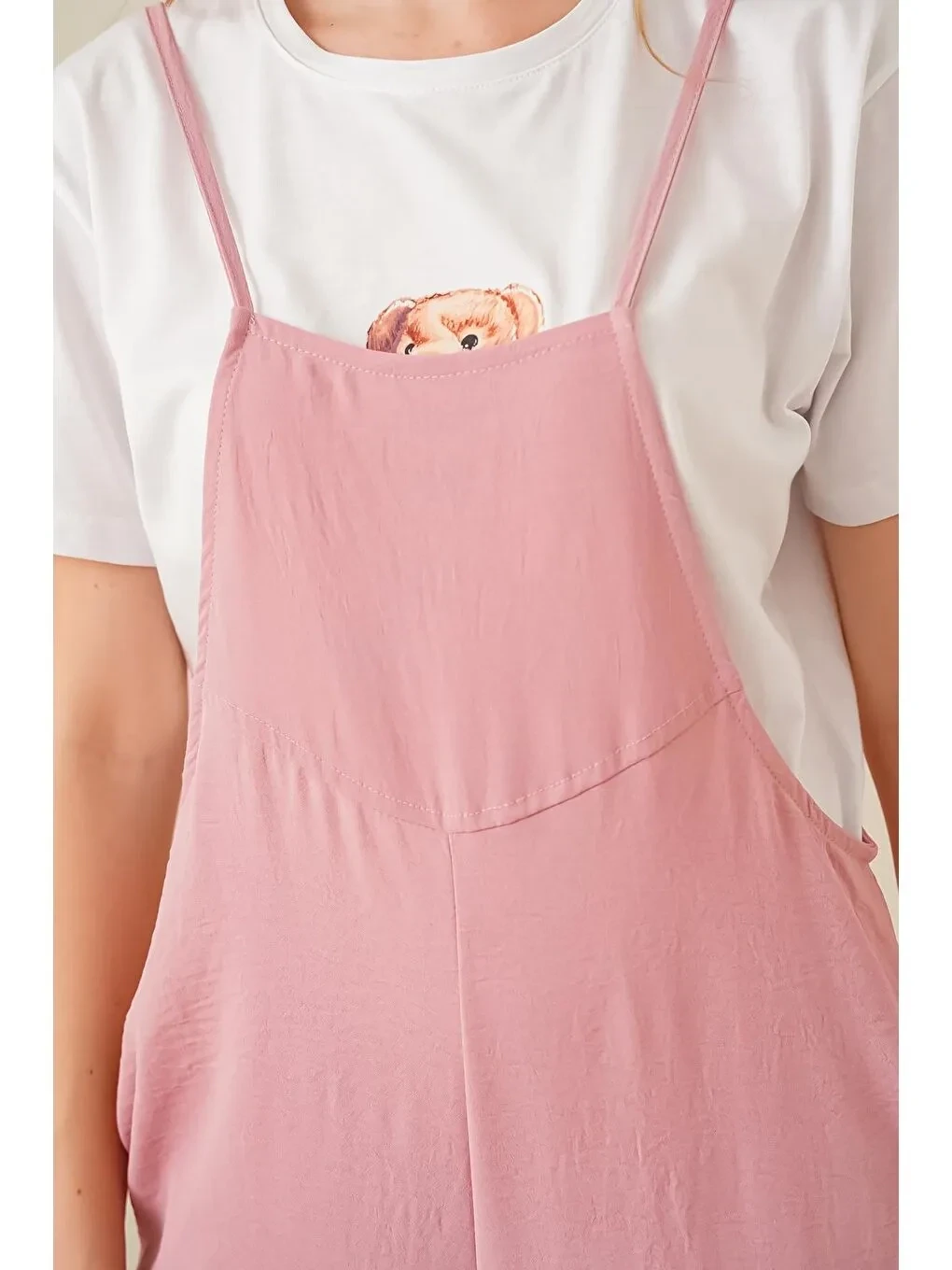 Kadın Pudra Ayarlanabilir Askılı Cepli Bol Paça Bahçıvan Tulum HZL22S-BD170191