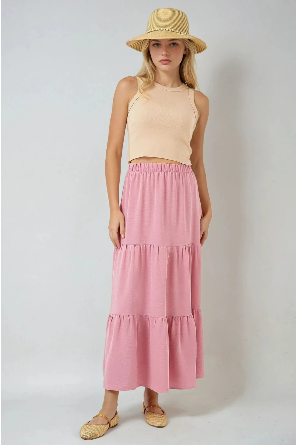 Kadın Pudra Beli Lastikli Ayrobin Uzun Etek HZL25S-BD180481