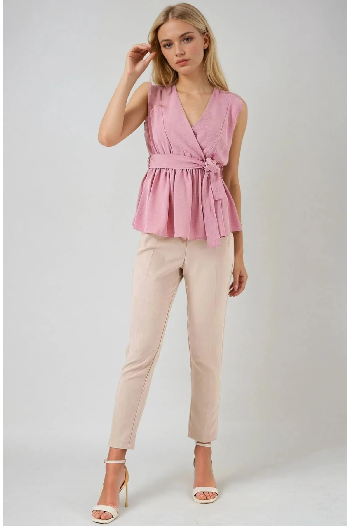 Kadın Pudra Kruvaze Yaka Beli Lastikli Kuşaklı Bluz HZL25S-BD19661