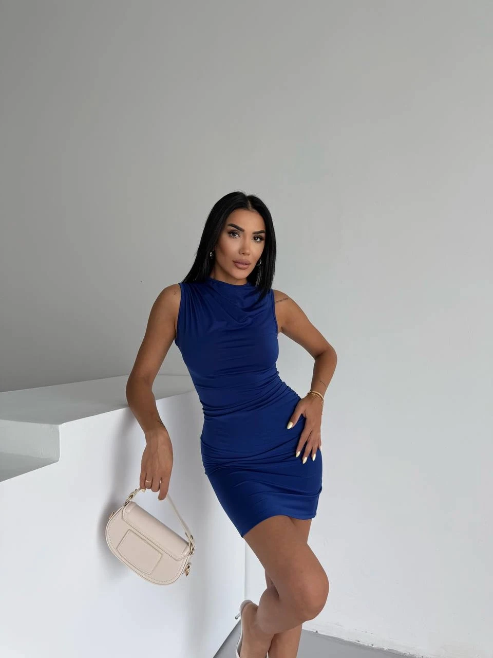 Kadın Saks Mavi Beli Drapeli Sandy Kumaş Mini Elbise HZL25S-FRY122981