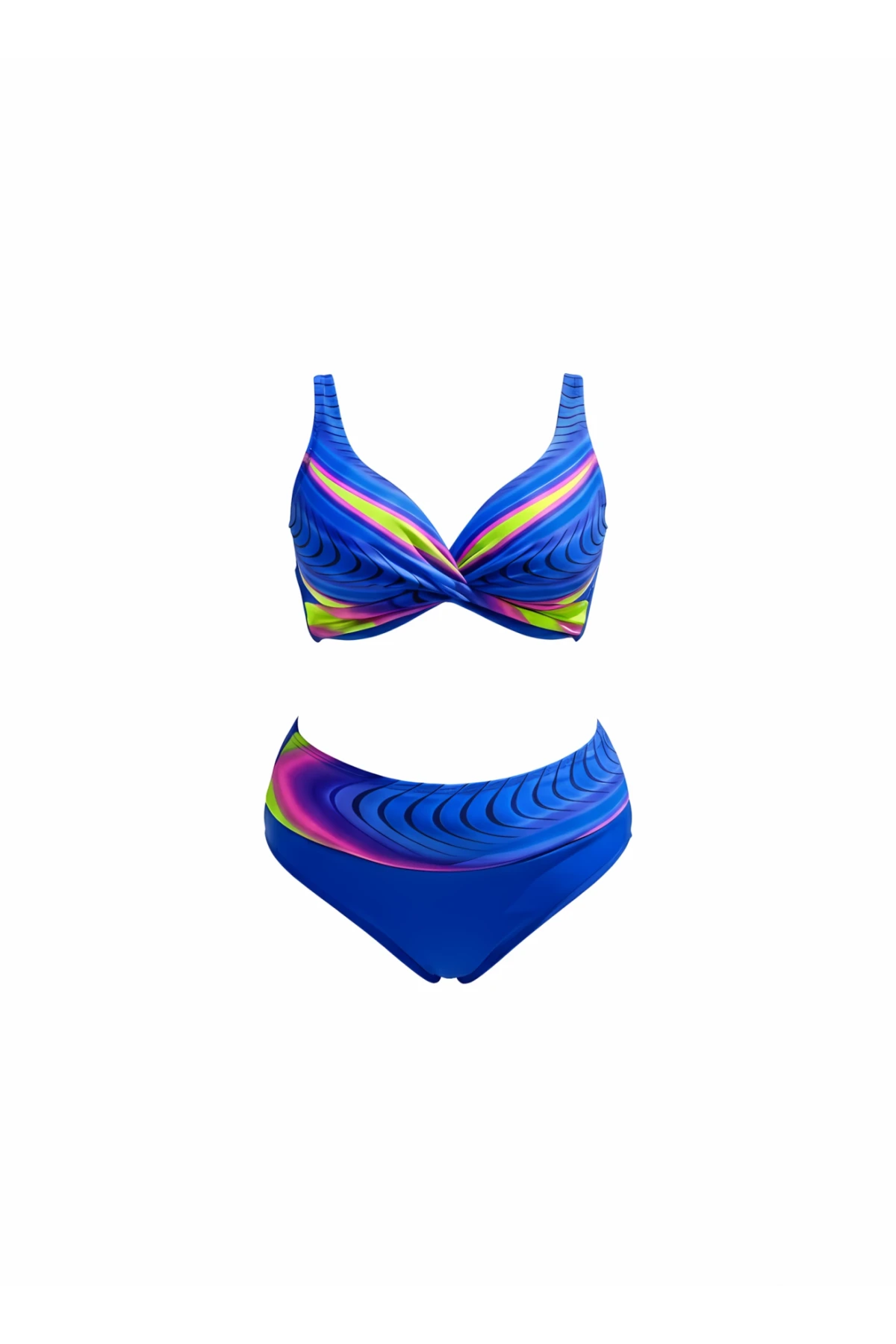 Kadın Saks Mavi Desenli Yüksel Bel Astarlı Büyük Beden Bikini Takımı HZL25S-LC22315-5