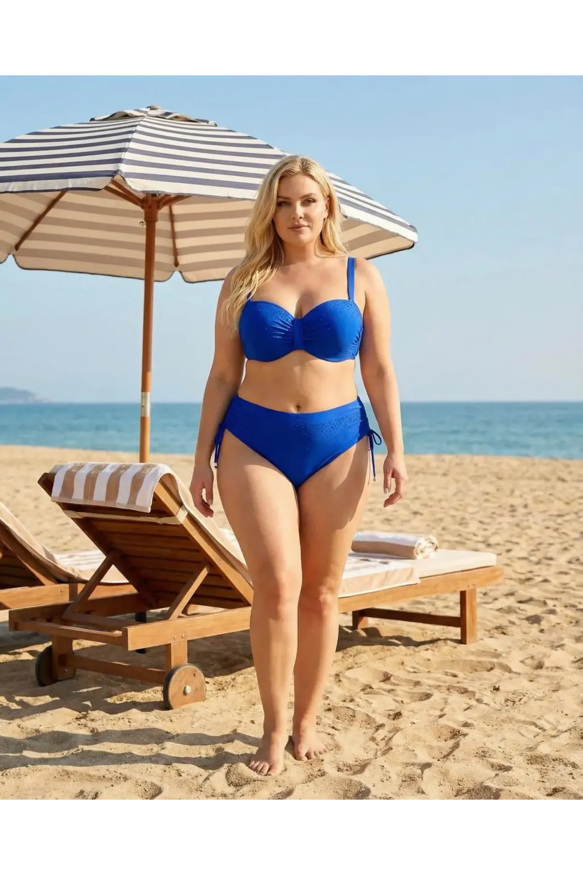 Kadın Saks Mavi Taş İşlemeli Astarlı Bikini Takım HZL25S-LC3361