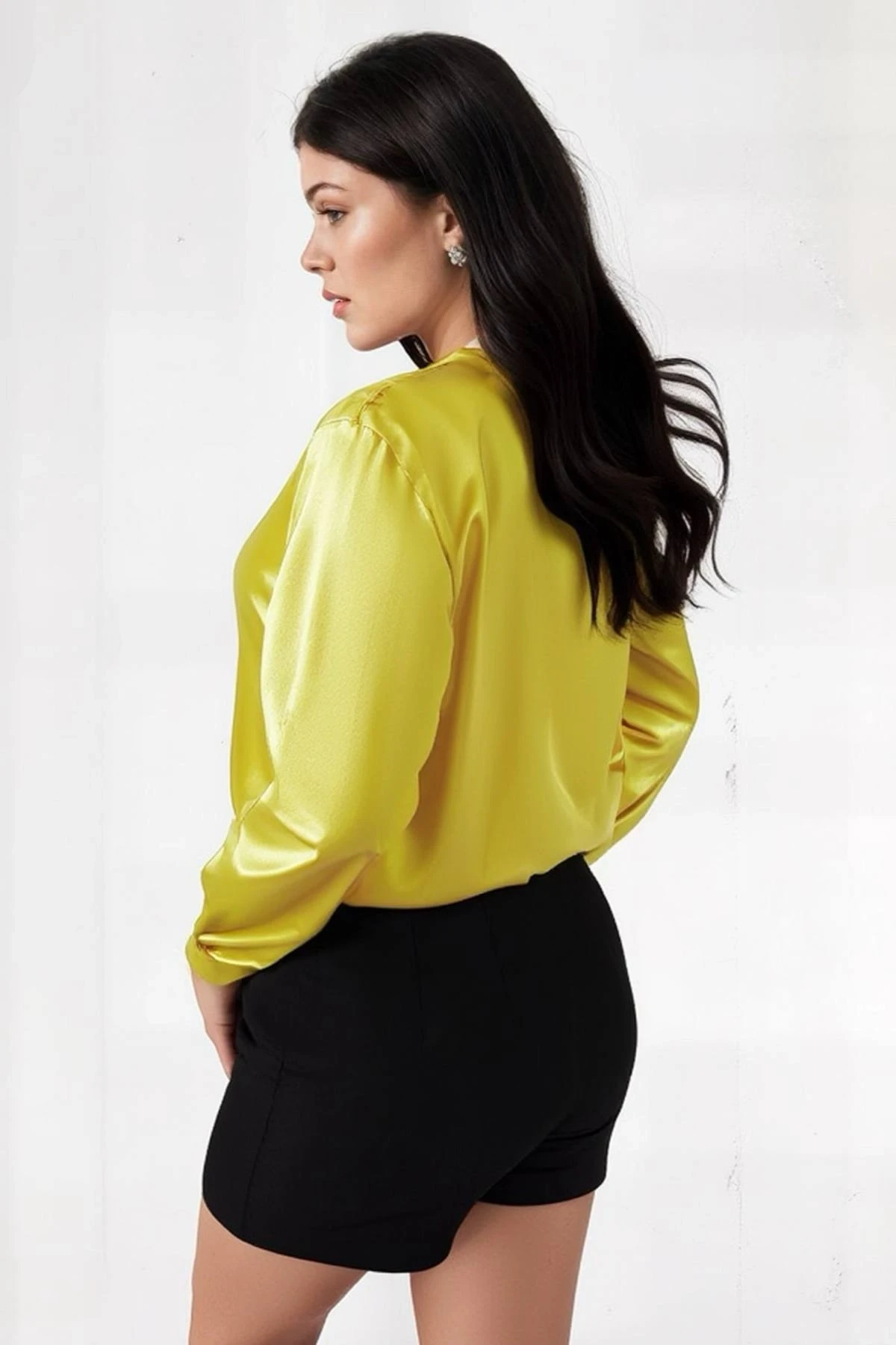 Kadın Sarı Hafif Dökümlü Saten Yüzeyli Gömlek Hzl22w-bd139641