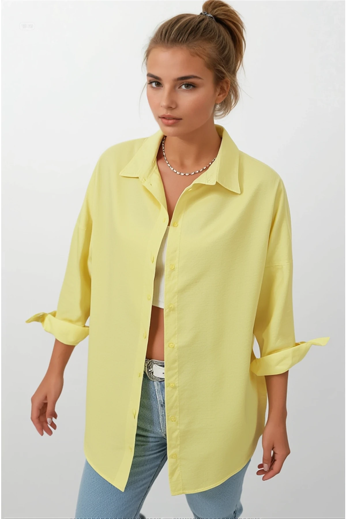 Kadın Sarı Oversize Uzun Basic Gömlek Hzl22w-bd139001