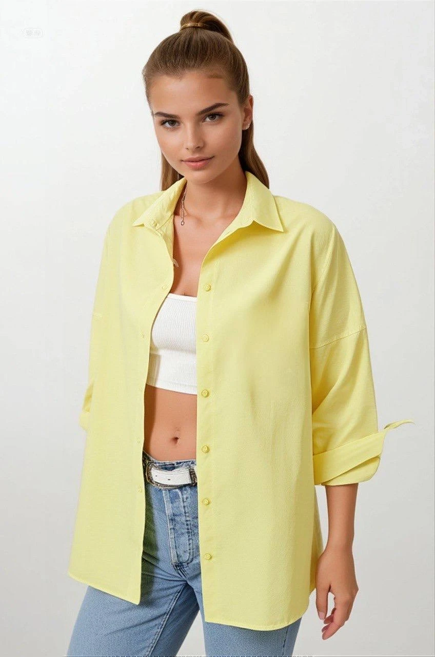 Kadın Sarı Oversize Uzun Basic Gömlek Hzl22w-bd139001