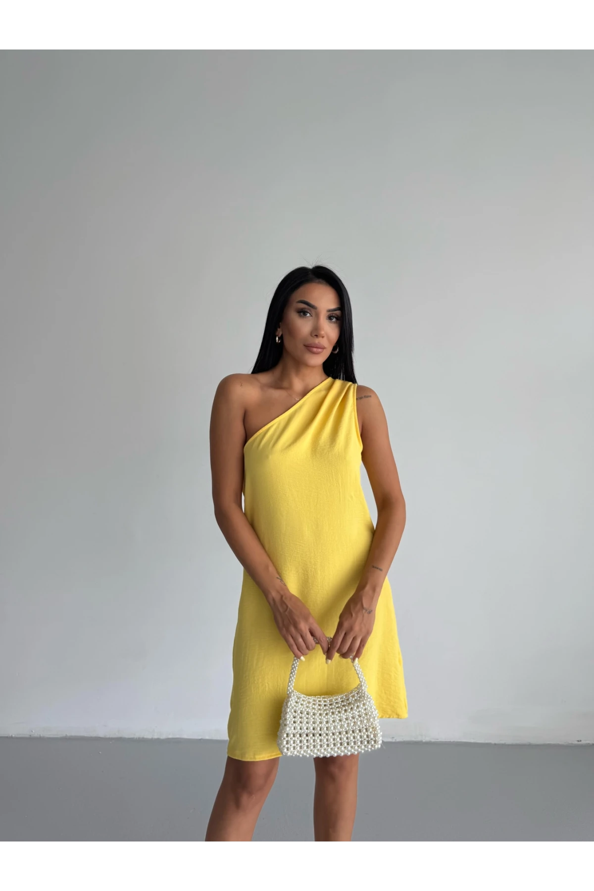 Kadın Sarı Tek Omuz Mini Elbise HZL25S-FRY121791
