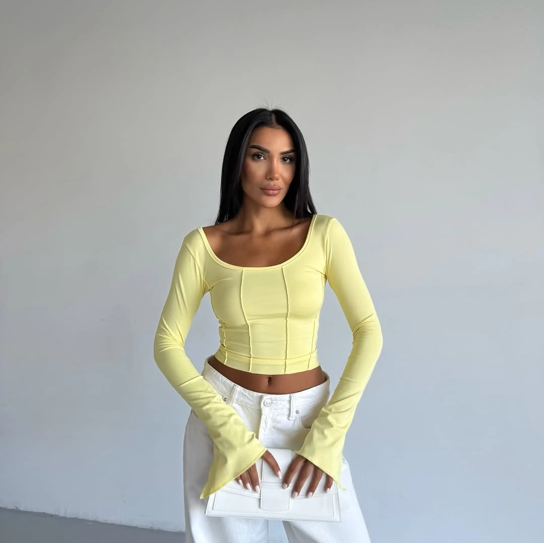 Kadın Sarı Uzun Kollu Arkası Bağlamalı Fit Kesim Crop Bluz HZL25W-FRY122771