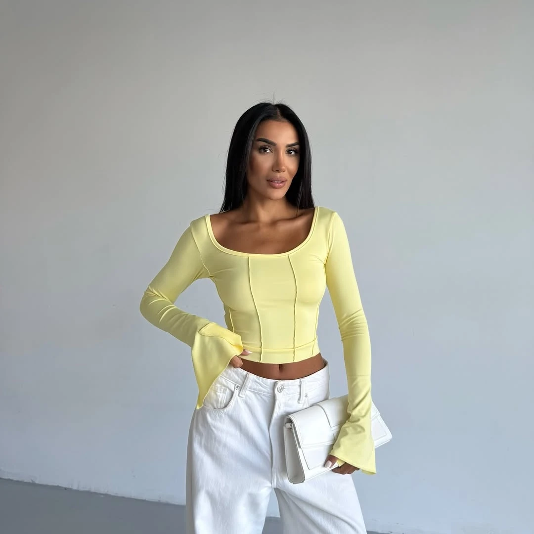 Kadın Sarı Uzun Kollu Arkası Bağlamalı Fit Kesim Crop Bluz HZL25W-FRY122771