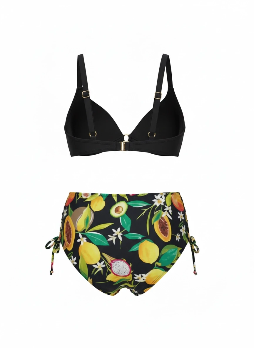 Kadın Siyah Aksesuar Detaylı Tropikal Desen Büyük Beden Bikini Takım HZL25S-LC3343