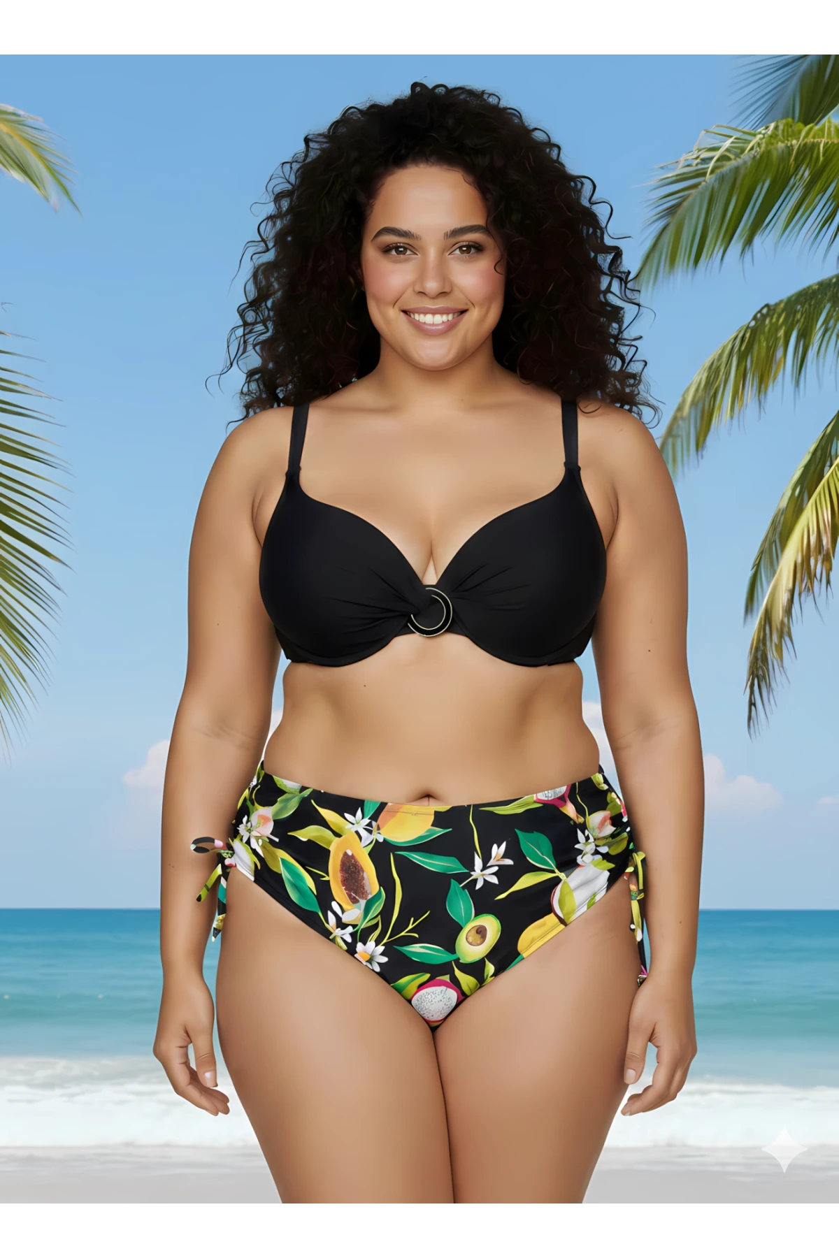 Kadın Siyah Aksesuar Detaylı Tropikal Desen Büyük Beden Bikini Takım HZL25S-LC3343