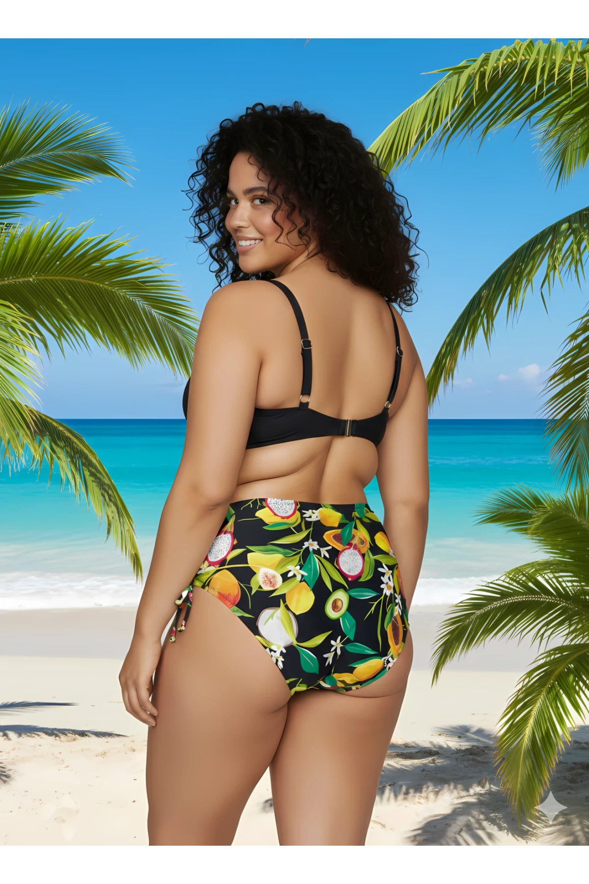 Kadın Siyah Aksesuar Detaylı Tropikal Desen Büyük Beden Bikini Takım HZL25S-LC3343