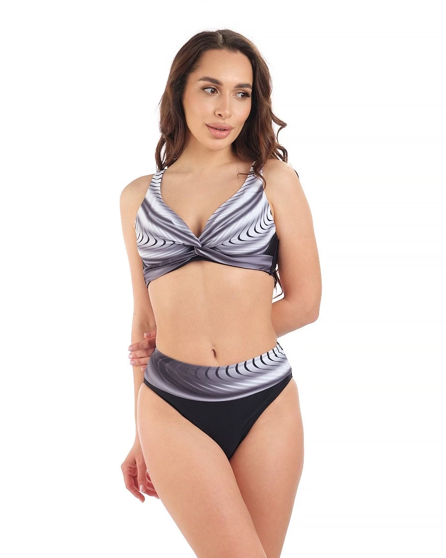 Kadın Siyah Beyaz Desenli Yüksel Bel Astarlı Bikini Takımı HZL25S-LC22315-5