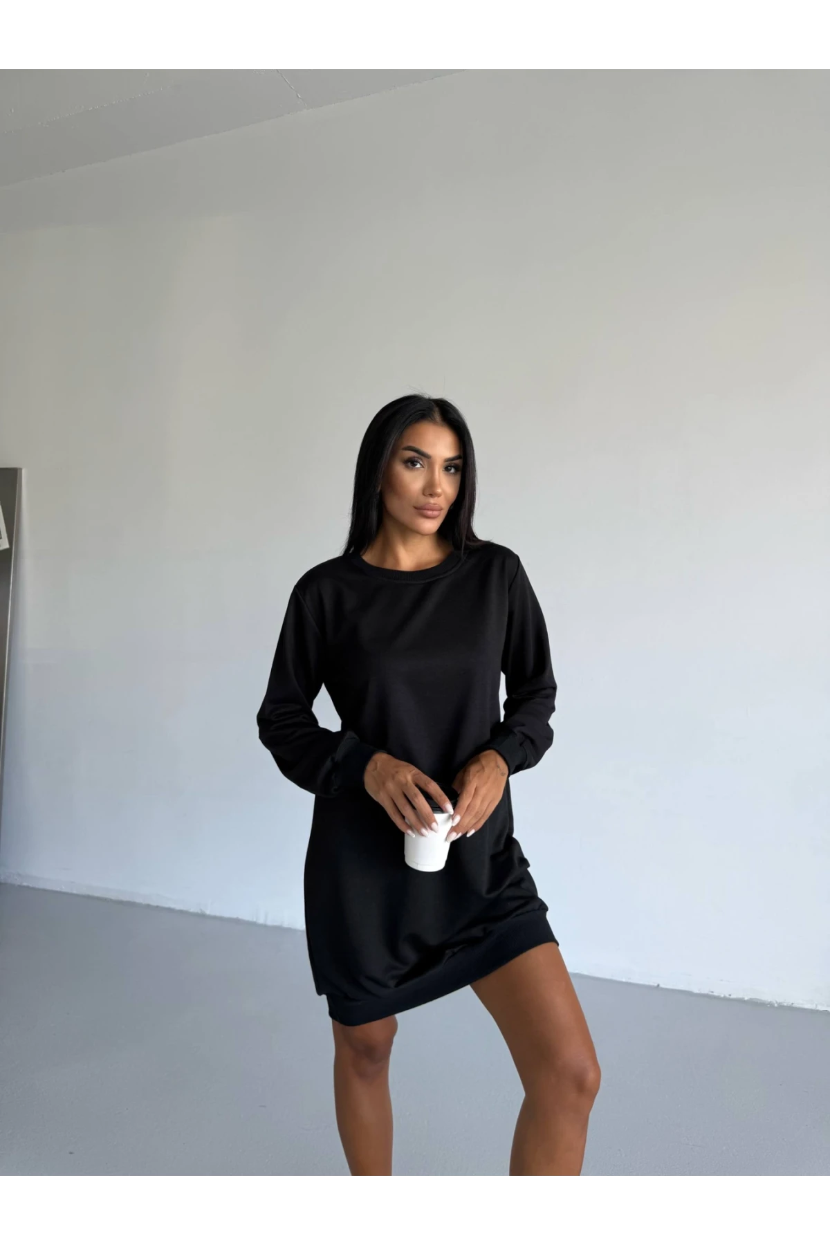 Kadın Siyah Bisiklet Yaka 2 iplik Günlük Rahat Elbise HZL25W-FRY123451