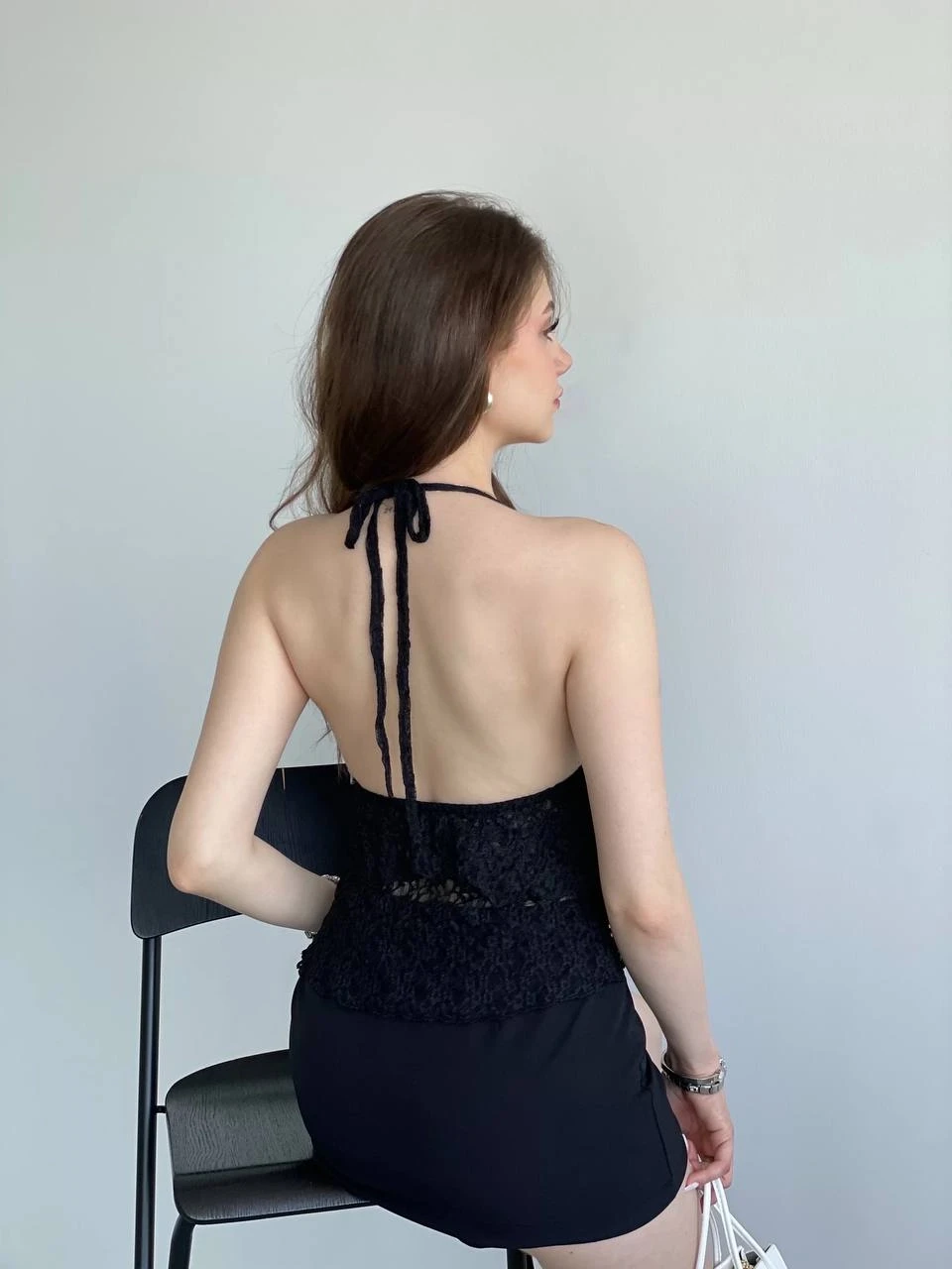 Kadın Siyah Boyundan Bağlamalı Sırt Dekolteli Dantel Bluz HZL25S-ZK13241