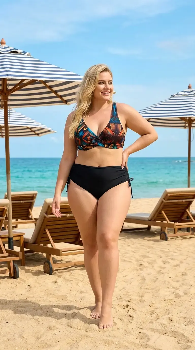 Kadın Siyah Çiçek Desenli Astarlı Büyük Beden Bikini Takımı HZL26S-LC21202