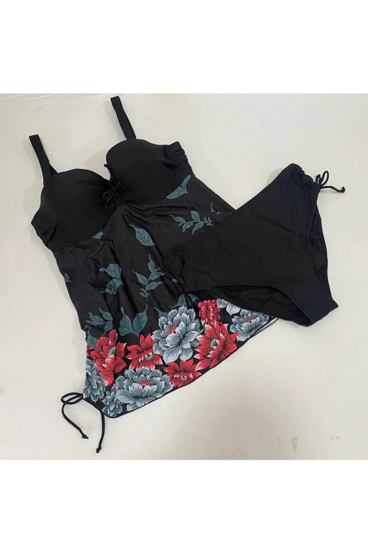 Kadın Siyah Çiçek Desenli Elbise Model  Slipli Tankini HZL24S-LC4009