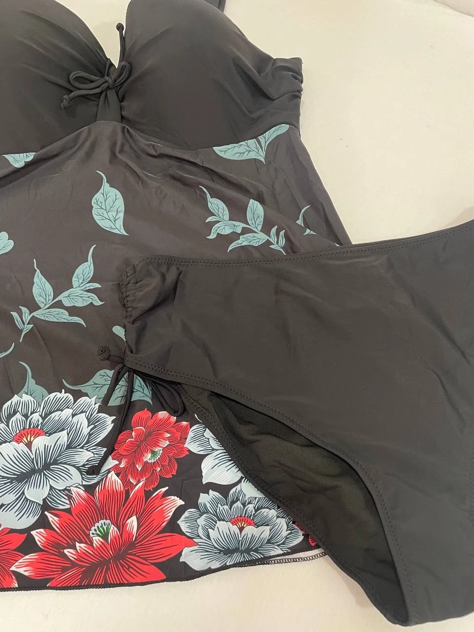 Kadın Siyah Çiçek Desenli Elbise Model  Slipli Tankini HZL24S-LC4009