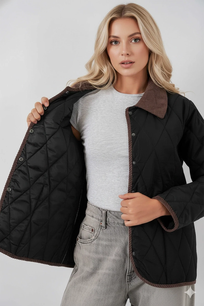 Kadın Siyah Çıt Çıt Kapamalı Kadife Detaylı Kapitone Mont HZL25W-BD152261