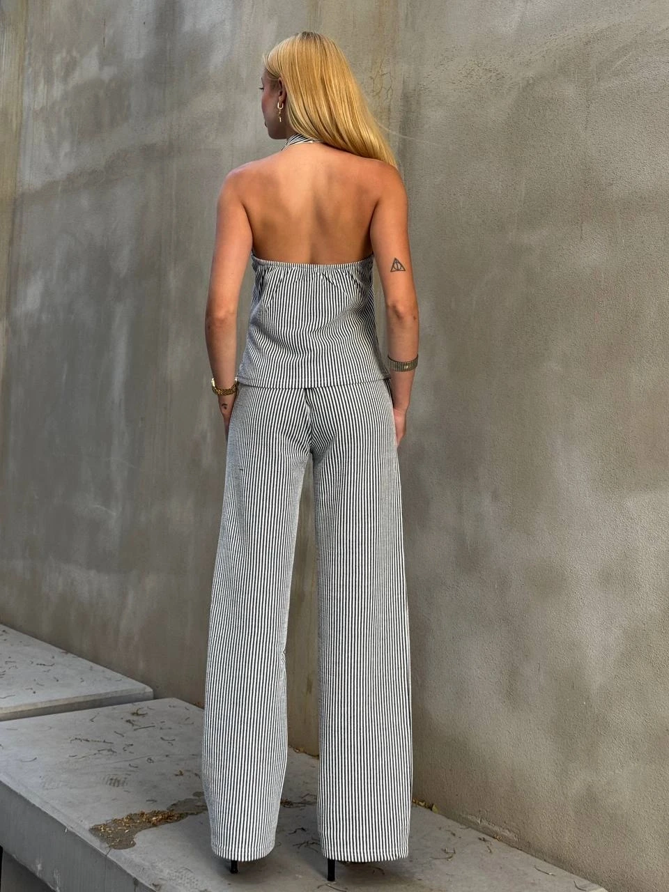 Kadın Siyah Çizgili Önü Fermuarlı Bluz Pantolon İkili Takım HZL25S-ZK13691