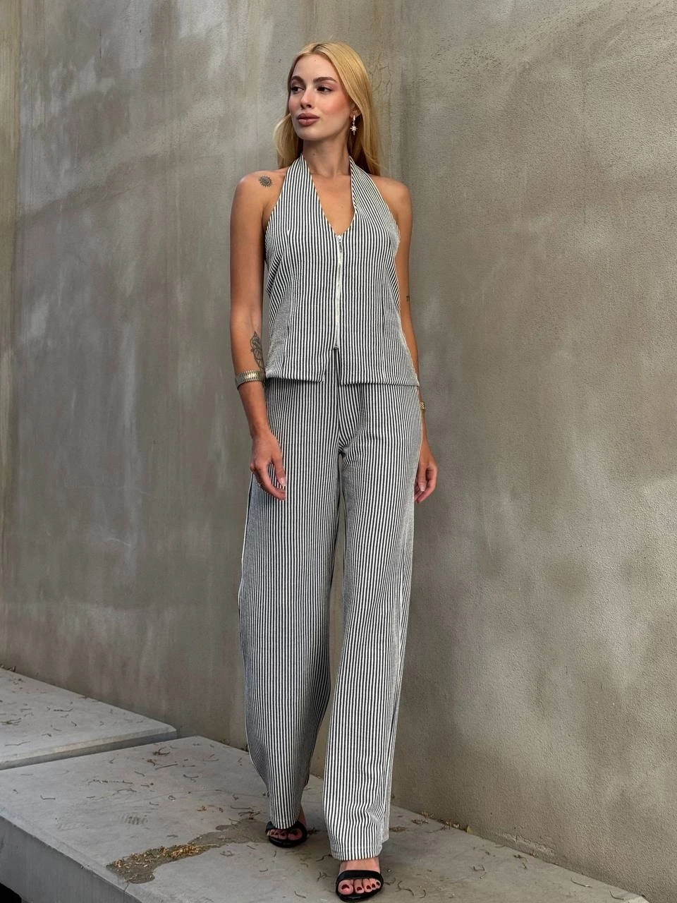 Kadın Siyah Çizgili Önü Fermuarlı Bluz Pantolon İkili Takım HZL25S-ZK13691