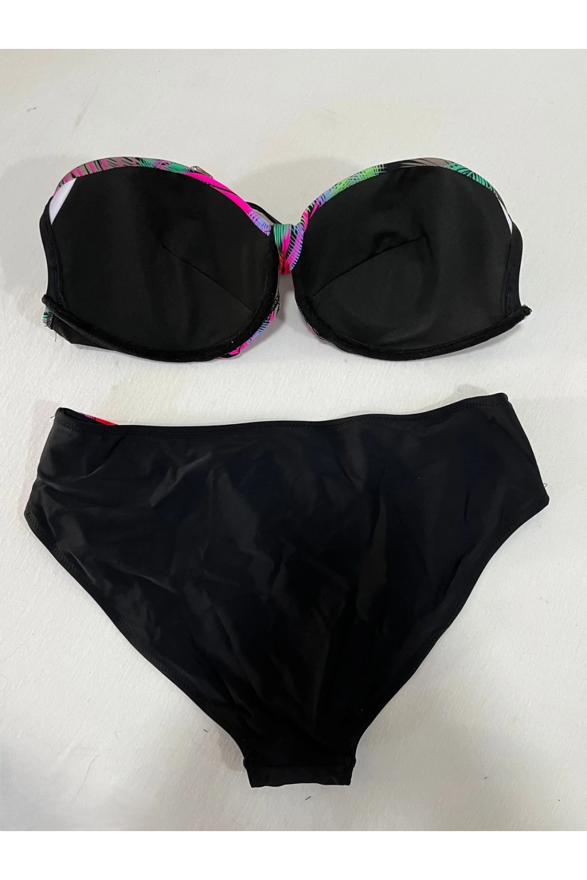 Kadın Siyah Çok Renk Desenli  Astarlı Büyük Beden Bikini Takımı HZL25S-LC06