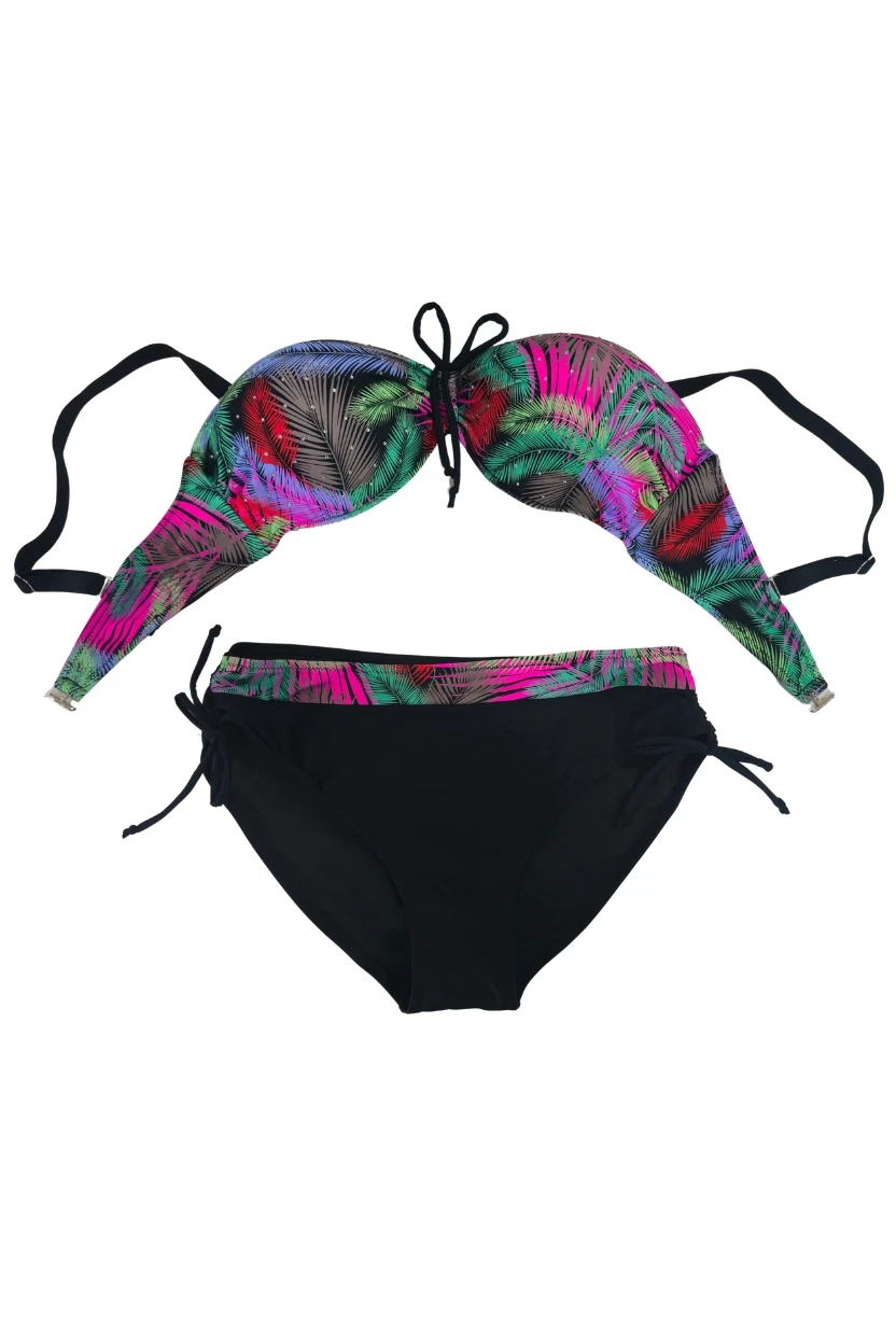 Kadın Siyah Çok Renk Desenli  Astarlı Büyük Beden Bikini Takımı HZL25S-LC03