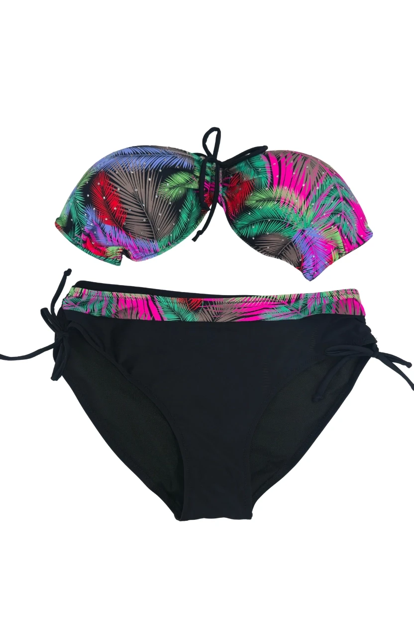 Kadın Siyah Çok Renk Desenli  Astarlı Büyük Beden Bikini Takımı HZL25S-LC03